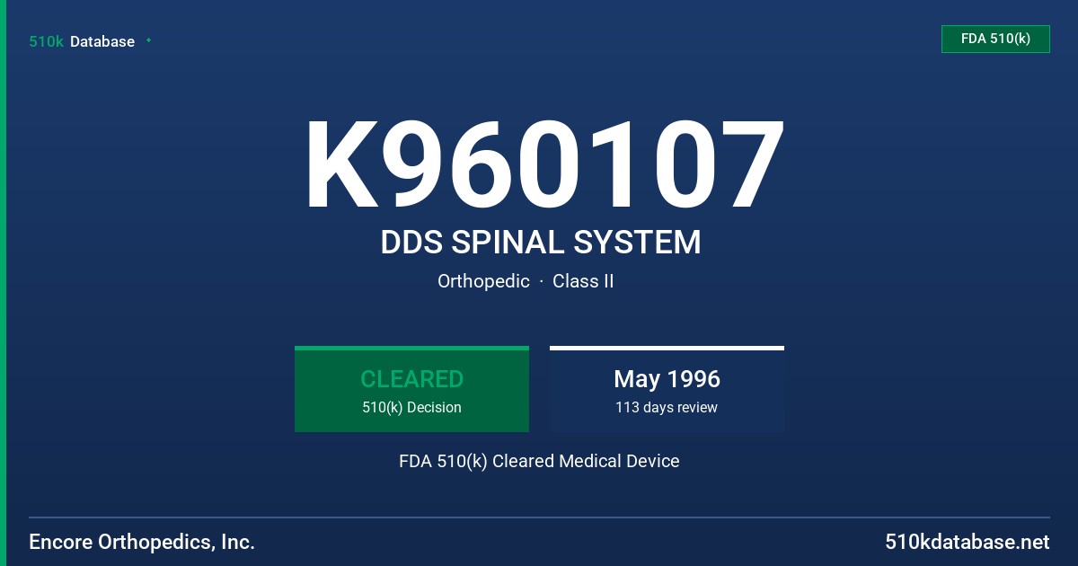 K960107 DDS SPINAL SYSTEM FDA 510(k) Cleared Medical Device