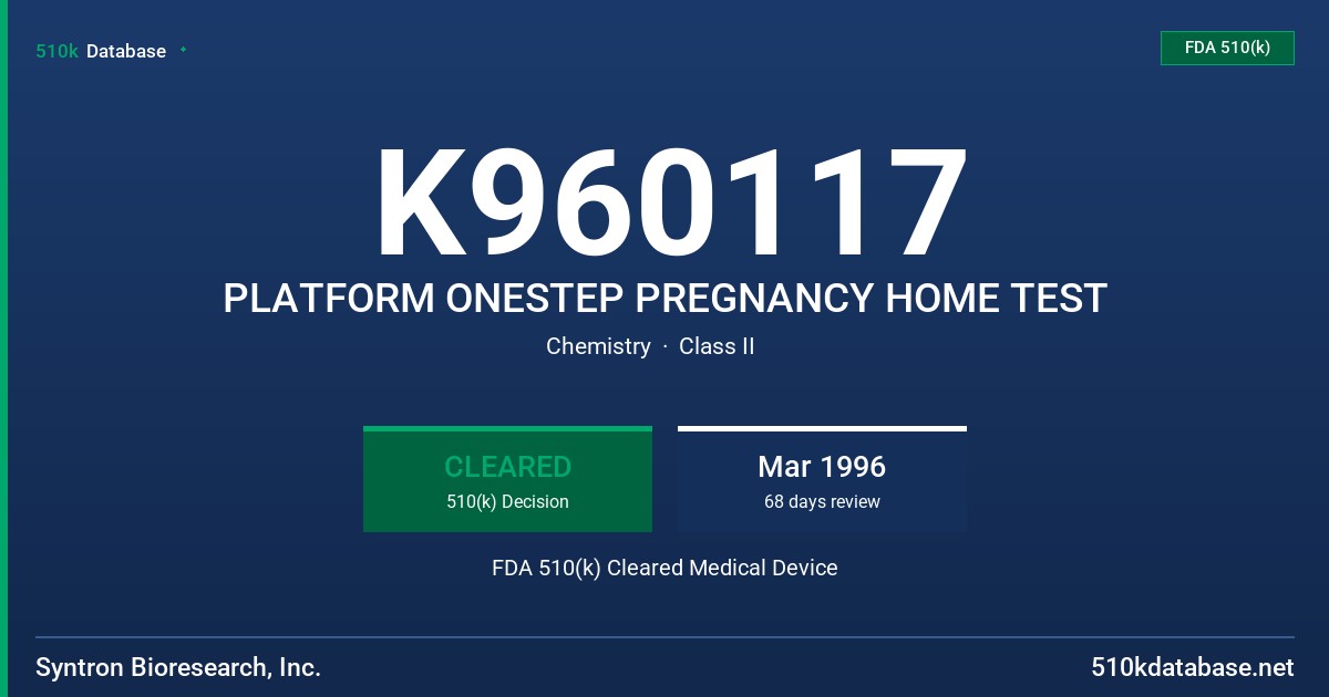 K960117 PLATFORM ONESTEP PREGNANCY HOME TEST FDA 510(k) Cleared Medical Device