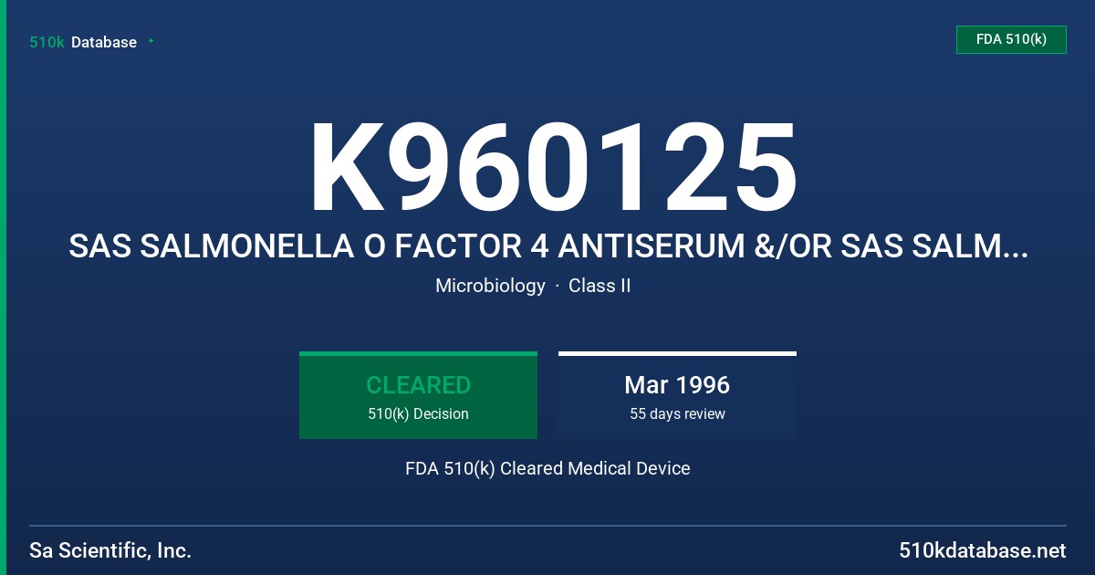 K960125 SAS SALMONELLA O FACTOR 4 ANTISERUM &/OR SAS SALMONELLA O GROUP B FACTOR 4,5 ANTISERUM FDA 510(k) Cleared Medical Device