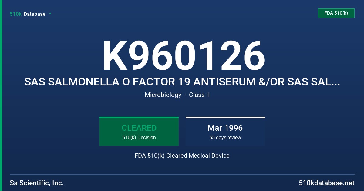 K960126 SAS SALMONELLA O FACTOR 19 ANTISERUM &/OR SAS SALMONELLA O GROUP E4 FACTOR 19 ANTISERUM FDA 510(k) Cleared Medical Device
