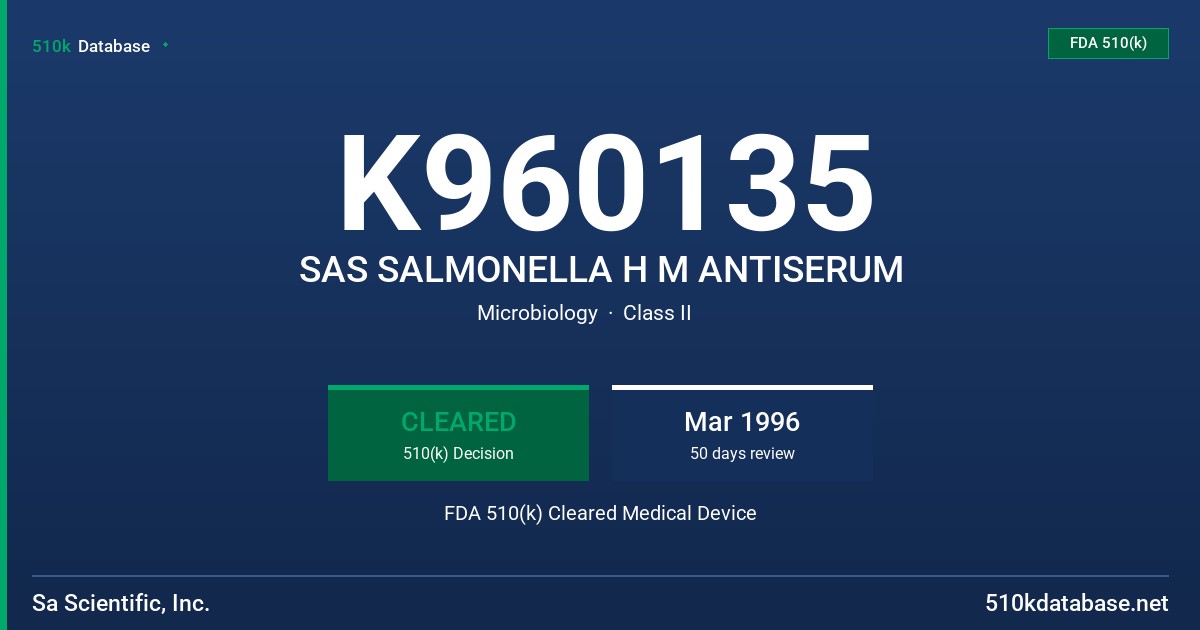 K960135 SAS SALMONELLA H M ANTISERUM FDA 510(k) Cleared Medical Device