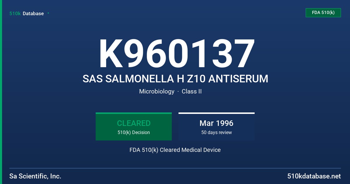 K960137 SAS SALMONELLA H Z10 ANTISERUM FDA 510(k) Cleared Medical Device