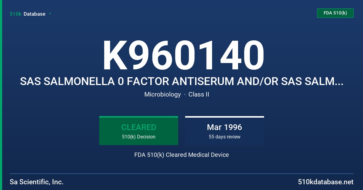 K960140 SAS SALMONELLA 0 FACTOR ANTISERUM AND/OR SAS SALMONELLA 0 GROUP C1 FACTOR 7 ANTISERUM FDA 510(k) Cleared Medical Device