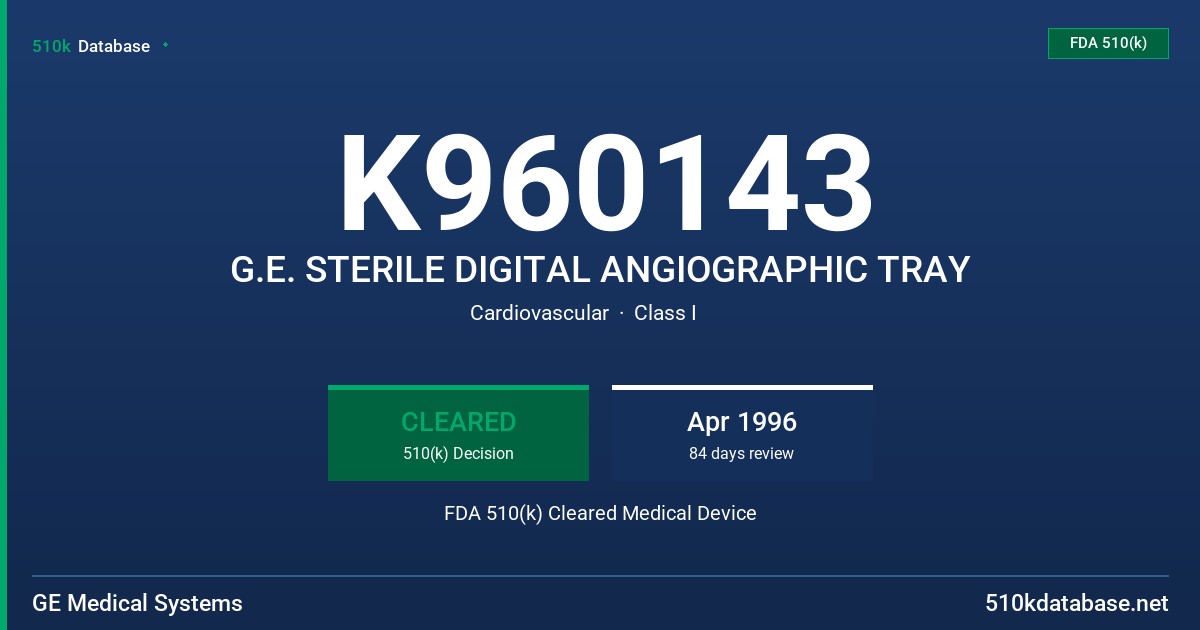 K960143 G.E. STERILE DIGITAL ANGIOGRAPHIC TRAY FDA 510(k) Cleared Medical Device