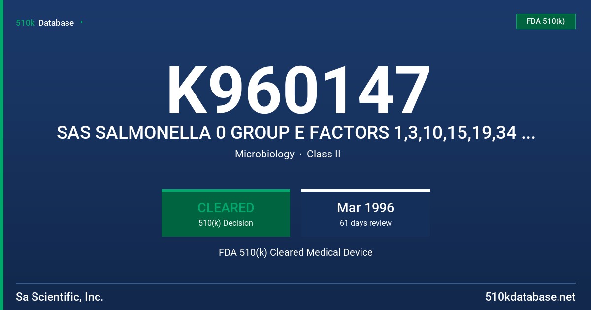 K960147 SAS SALMONELLA 0 GROUP E FACTORS 1,3,10,15,19,34 ANTISERUM FDA 510(k) Cleared Medical Device