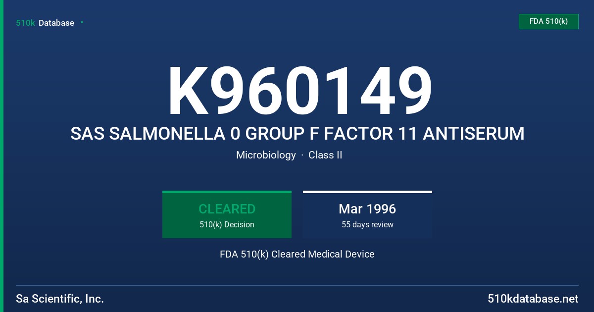 K960149 SAS SALMONELLA 0 GROUP F FACTOR 11 ANTISERUM FDA 510(k) Cleared Medical Device