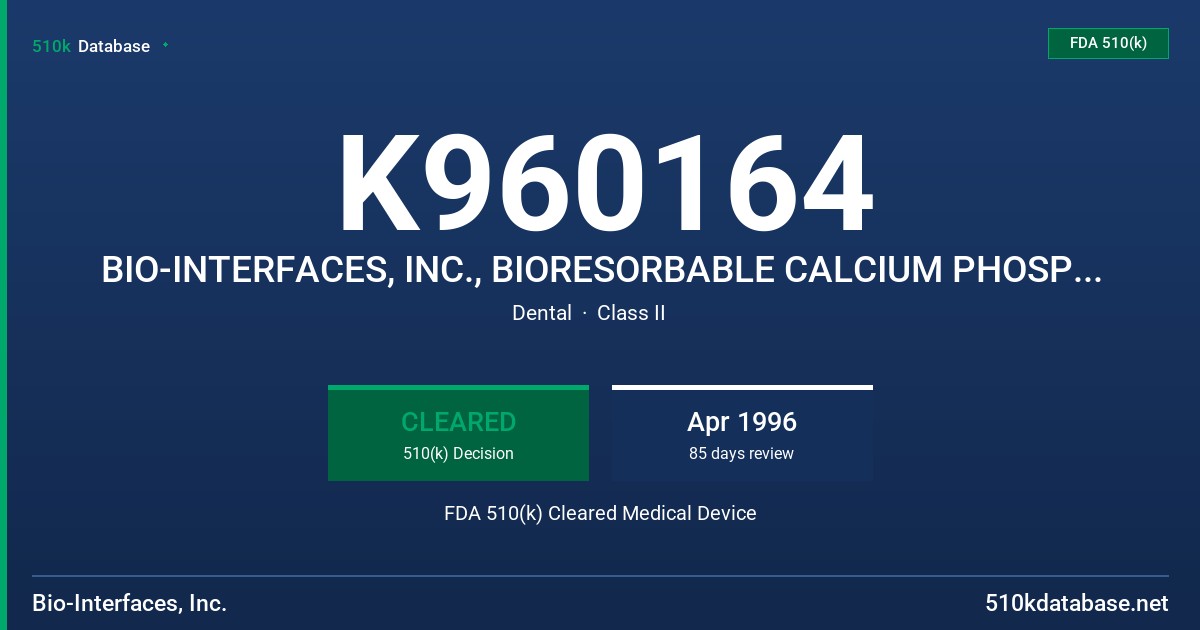 K960164 BIO-INTERFACES, INC., BIORESORBABLE CALCIUM PHOSPHATE PARTICLES - BII-GRAFT 6140 FDA 510(k) Cleared Medical Device