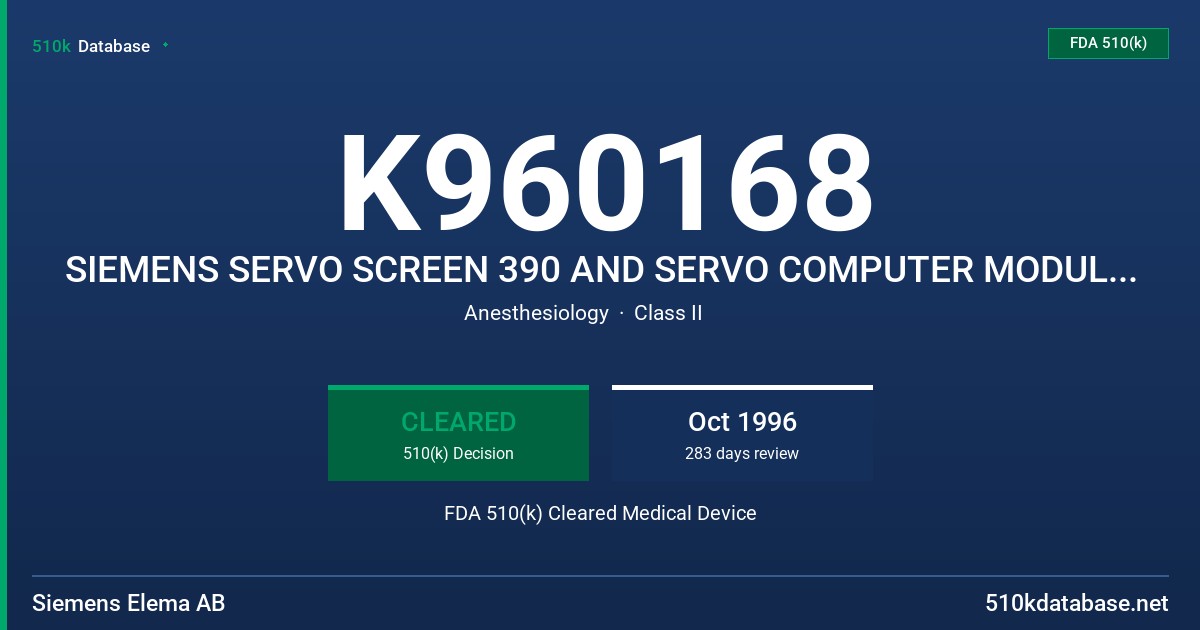 K960168 SIEMENS SERVO SCREEN 390 AND SERVO COMPUTER MODULE 990 FDA 510(k) Cleared Medical Device
