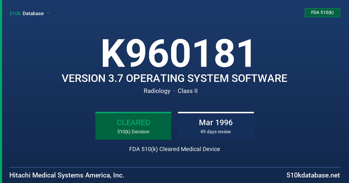 K960181 VERSION 3.7 OPERATING SYSTEM SOFTWARE FDA 510(k) Cleared Medical Device