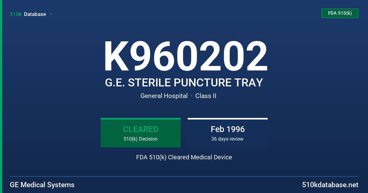 K960202 G.E. STERILE PUNCTURE TRAY FDA 510(k) Cleared Medical Device
