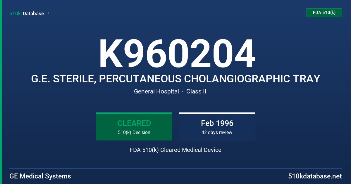 K960204 G.E. STERILE, PERCUTANEOUS CHOLANGIOGRAPHIC TRAY FDA 510(k) Cleared Medical Device