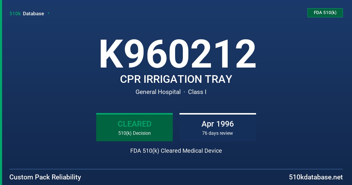 K960212 CPR IRRIGATION TRAY FDA 510(k) Cleared Medical Device