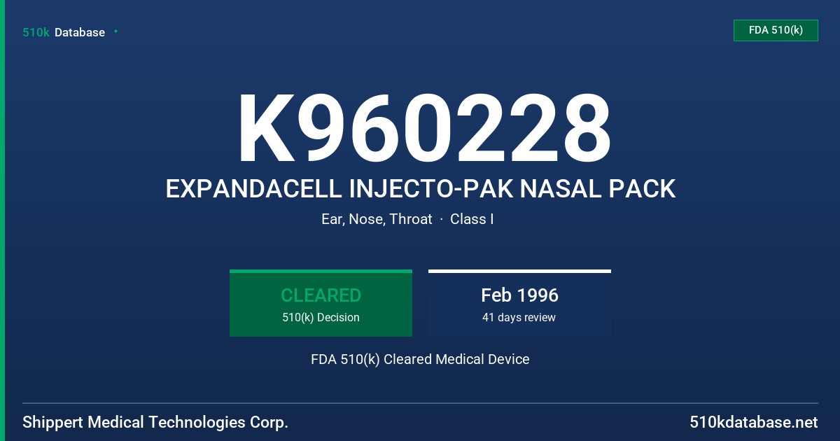 K960228 EXPANDACELL INJECTO-PAK NASAL PACK FDA 510(k) Cleared Medical Device