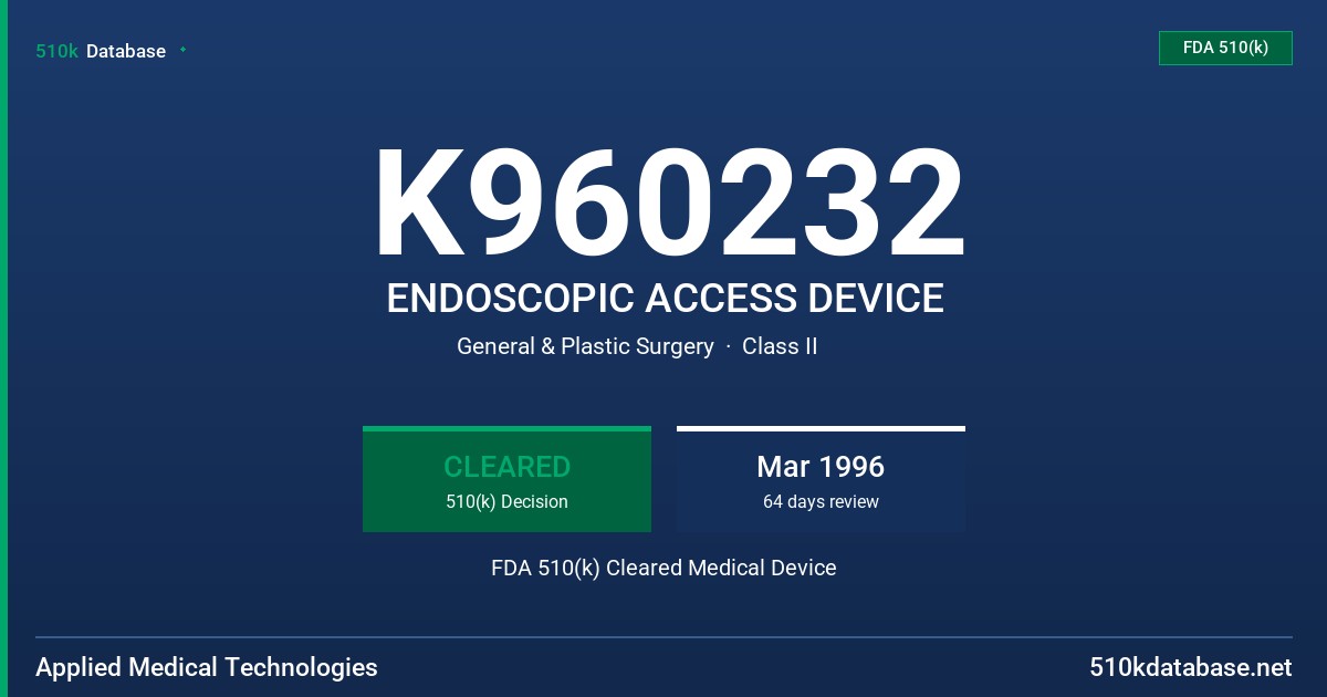 K960232 ENDOSCOPIC ACCESS DEVICE FDA 510(k) Cleared Medical Device