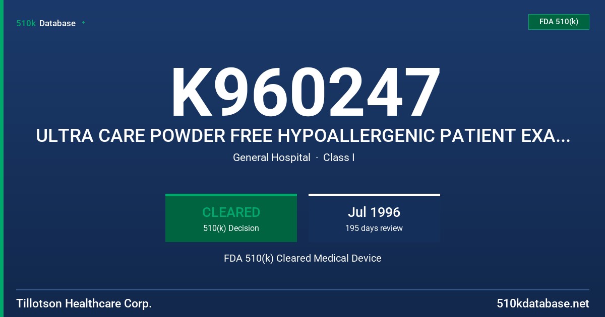 K960247 ULTRA CARE POWDER FREE HYPOALLERGENIC PATIENT EXAMINATION GLOVE FDA 510(k) Cleared Medical Device