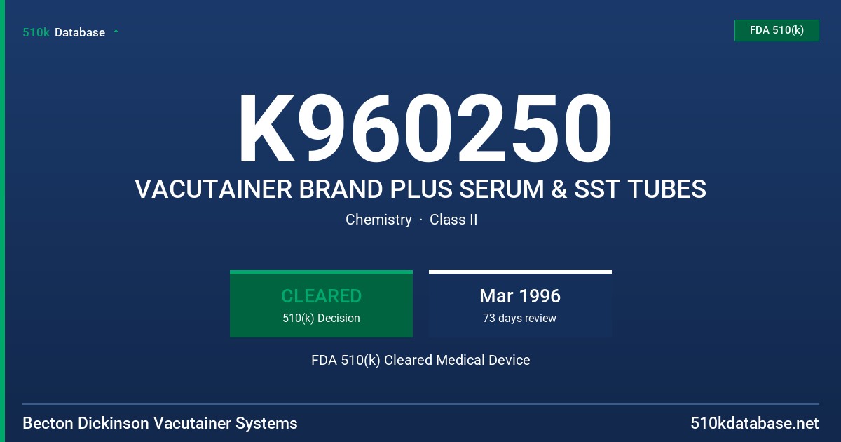 K960250 VACUTAINER BRAND PLUS SERUM & SST TUBES FDA 510(k) Cleared Medical Device