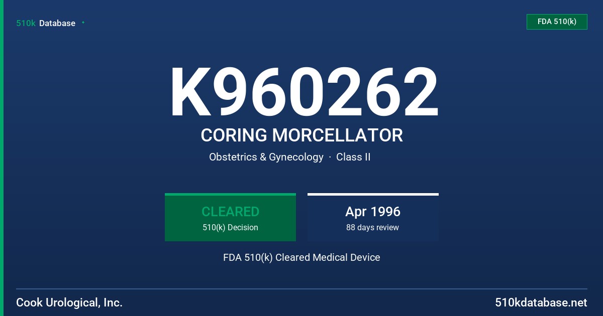 K960262 CORING MORCELLATOR FDA 510(k) Cleared Medical Device