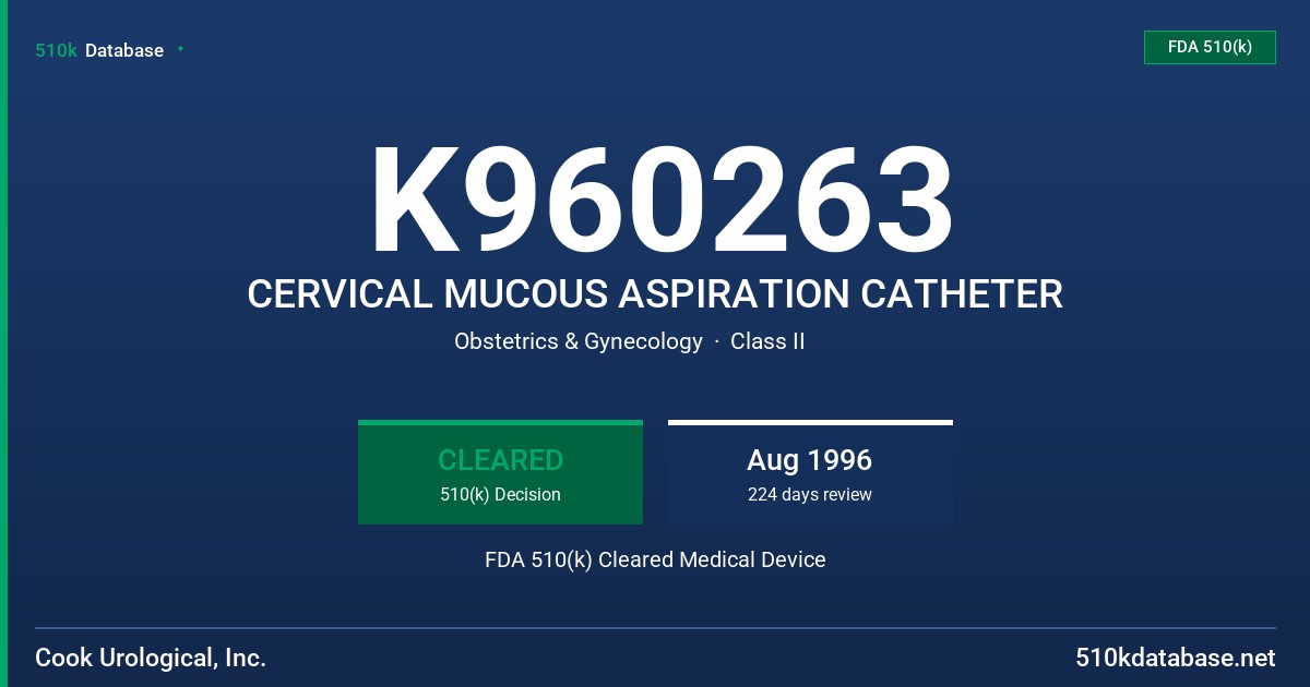 K960263 CERVICAL MUCOUS ASPIRATION CATHETER FDA 510(k) Cleared Medical Device