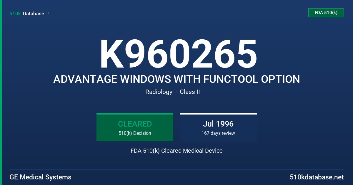 K960265 ADVANTAGE WINDOWS WITH FUNCTOOL OPTION FDA 510(k) Cleared Medical Device