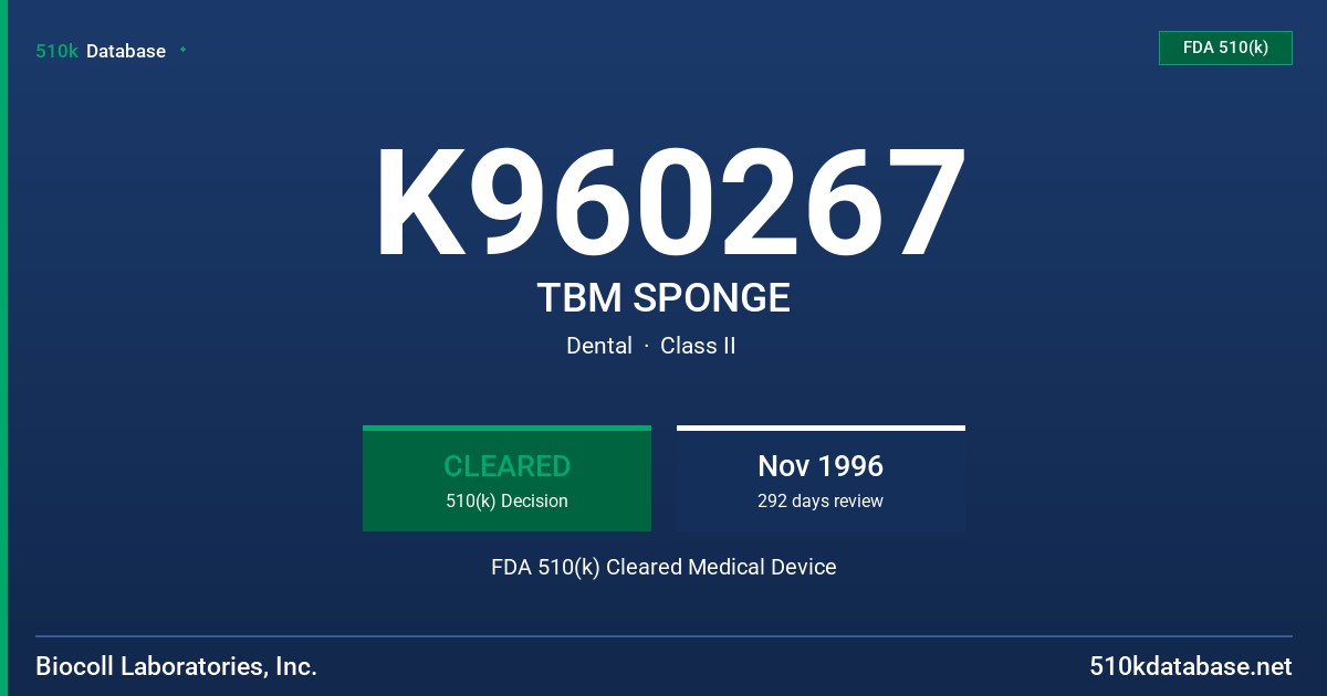K960267 TBM SPONGE FDA 510(k) Cleared Medical Device