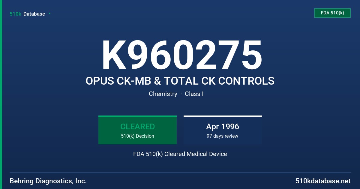 K960275 OPUS CK-MB & TOTAL CK CONTROLS FDA 510(k) Cleared Medical Device