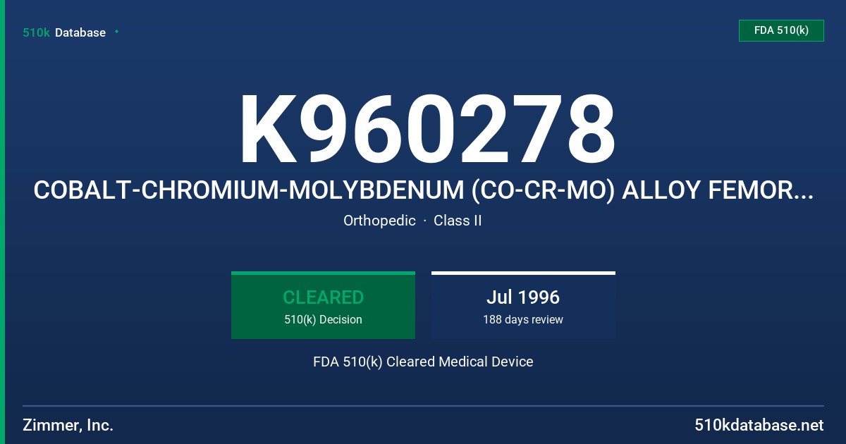 K960278 COBALT-CHROMIUM-MOLYBDENUM (CO-CR-MO) ALLOY FEMORAL HEADS W/CO-NIDIUM SURFACE TREATMENT FDA 510(k) Cleared Medical Device