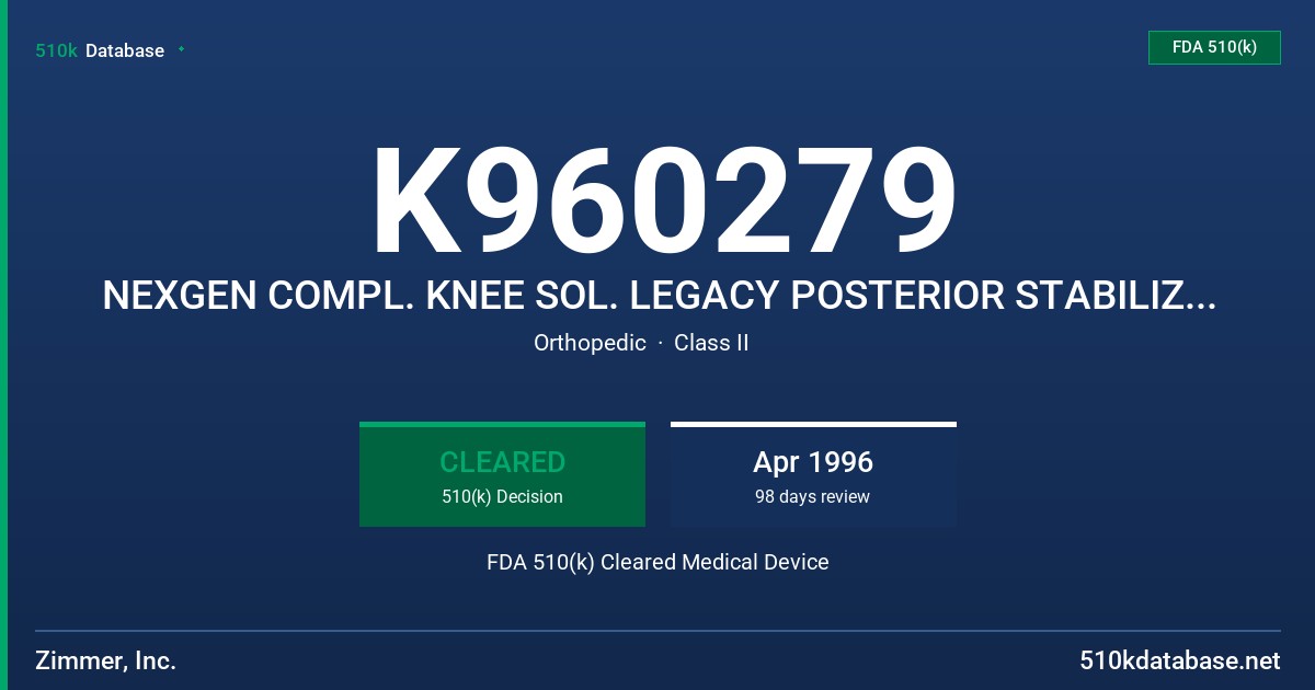 K960279 NEXGEN COMPL. KNEE SOL. LEGACY POSTERIOR STABILIZED/CONSTRAINED CONDYLAR KNEE FEMORAL COMPONENTS/ARTICULAR SURFACES FDA 510(k) Cleared Medical Device