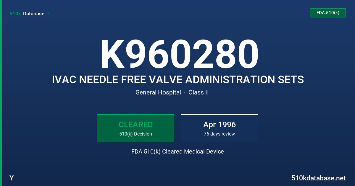 K960280 IVAC NEEDLE FREE VALVE ADMINISTRATION SETS FDA 510(k) Cleared Medical Device