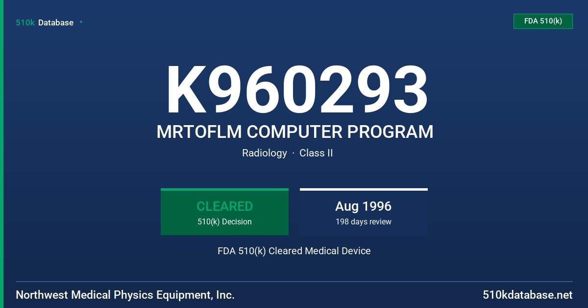 K960293 MRTOFLM COMPUTER PROGRAM FDA 510(k) Cleared Medical Device