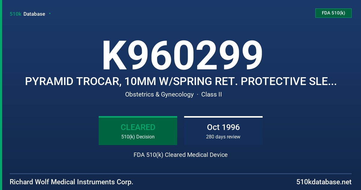 K960299 PYRAMID TROCAR, 10MM W/SPRING RET. PROTECTIVE SLEEVE OR TROCAR W/SPRING LOADED PROTECTION SLEEVE FDA 510(k) Cleared Medical Device