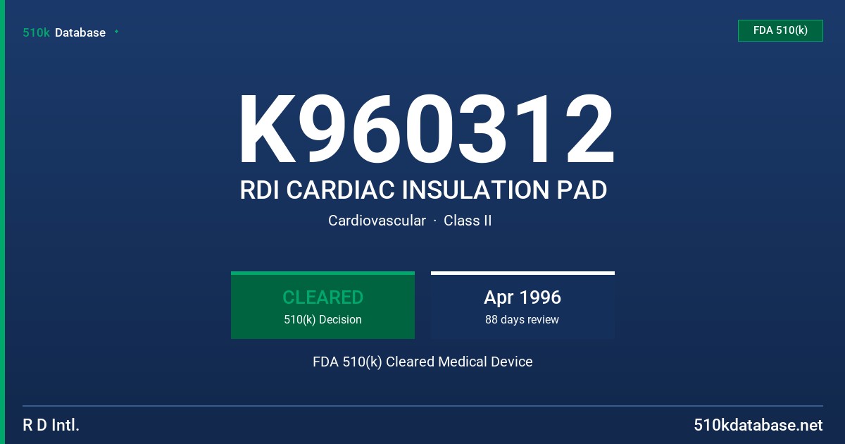 K960312 RDI CARDIAC INSULATION PAD FDA 510(k) Cleared Medical Device