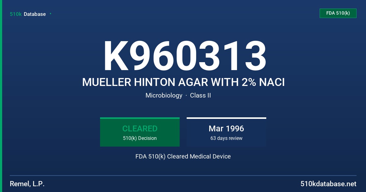 K960313 MUELLER HINTON AGAR WITH 2% NACI FDA 510(k) Cleared Medical Device
