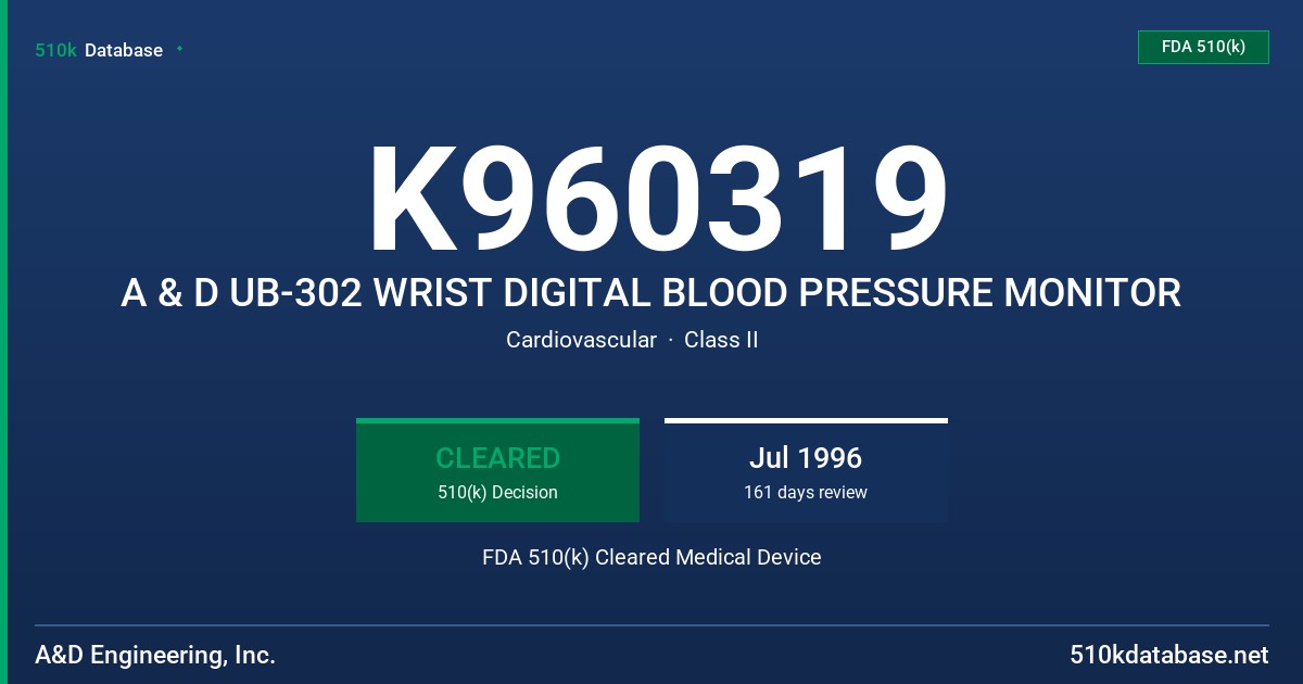 K960319 A & D UB-302 WRIST DIGITAL BLOOD PRESSURE MONITOR FDA 510(k) Cleared Medical Device