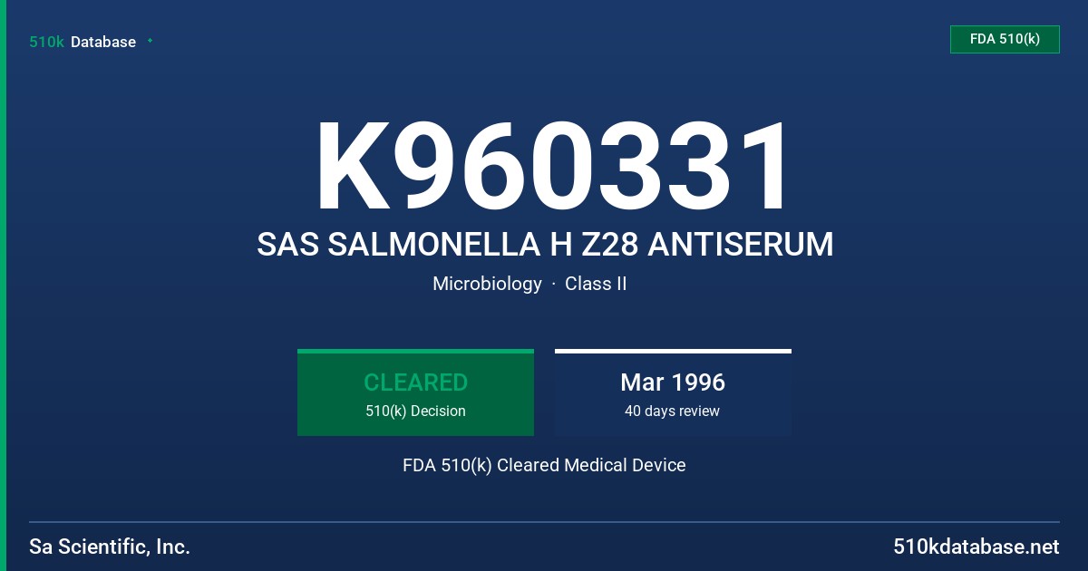 K960331 SAS SALMONELLA H Z28 ANTISERUM FDA 510(k) Cleared Medical Device