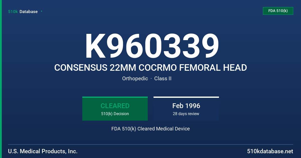 K960339 CONSENSUS 22MM COCRMO FEMORAL HEAD FDA 510(k) Cleared Medical Device