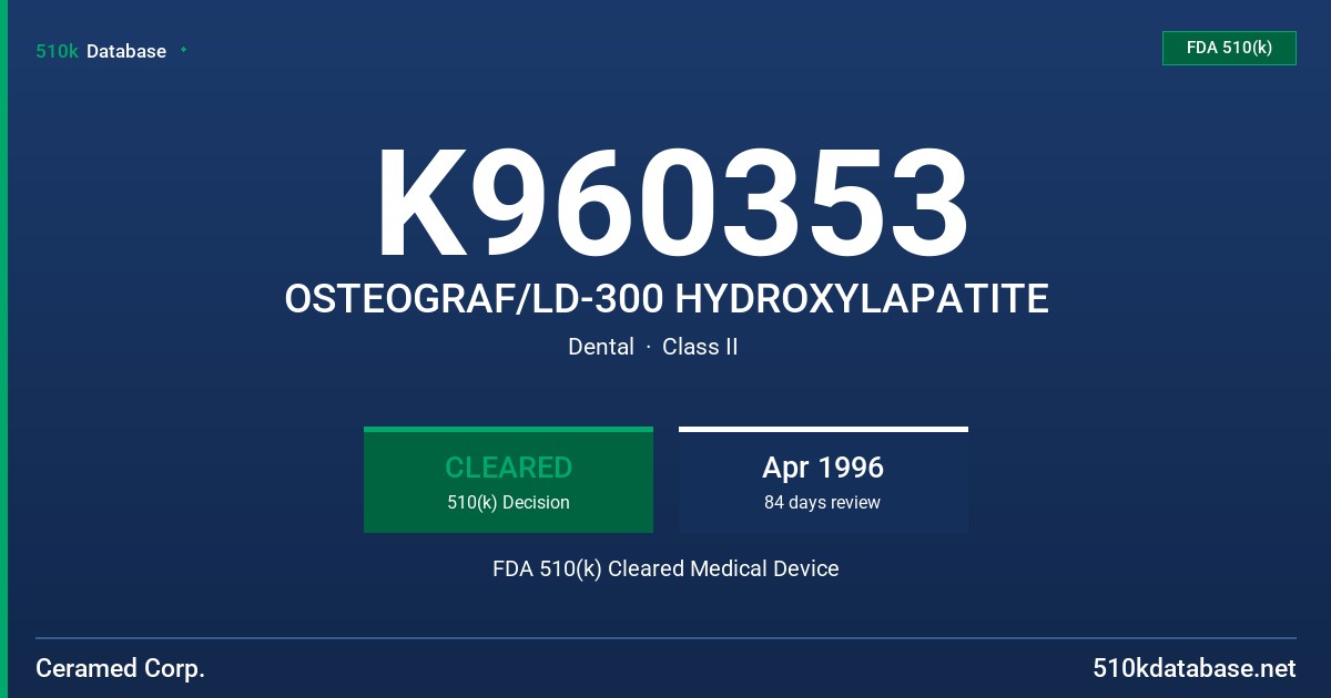 K960353 OSTEOGRAF/LD-300 HYDROXYLAPATITE FDA 510(k) Cleared Medical Device