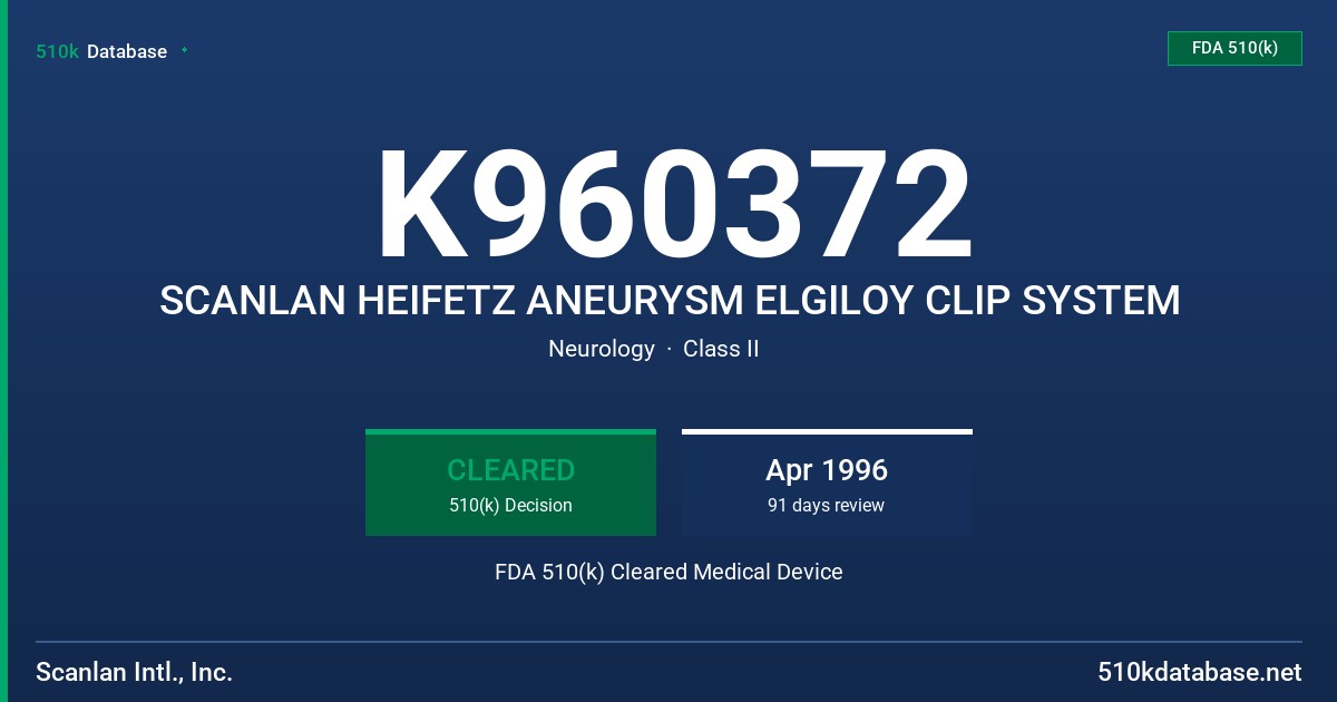 K960372 SCANLAN HEIFETZ ANEURYSM ELGILOY CLIP SYSTEM FDA 510(k) Cleared Medical Device