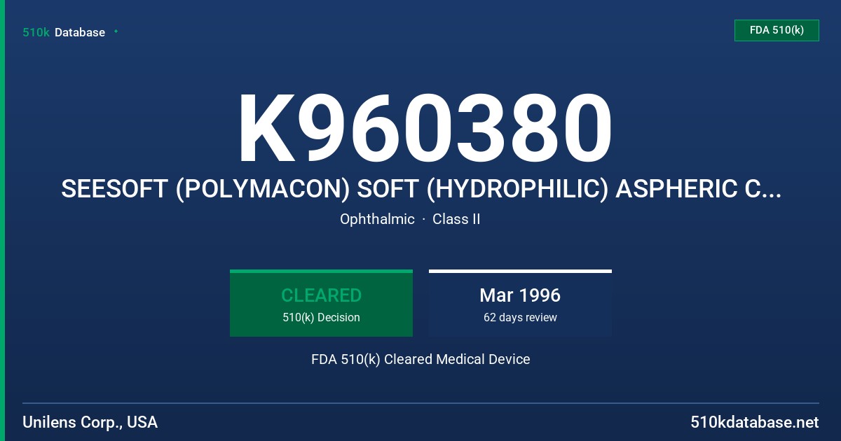K960380 SEESOFT (POLYMACON) SOFT (HYDROPHILIC) ASPHERIC CONTACT LENS FDA 510(k) Cleared Medical Device