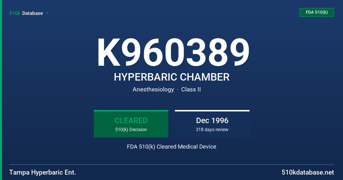 K960389 HYPERBARIC CHAMBER FDA 510(k) Cleared Medical Device