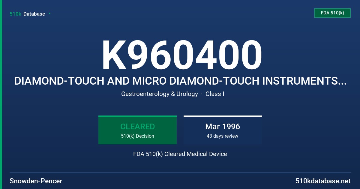 K960400 DIAMOND-TOUCH AND MICRO DIAMOND-TOUCH INSTRUMENTS/DIAMOND-LINE INSTRUMENTS/DIAMOND-PORT(ACCESS PARTS) FDA 510(k) Cleared Medical Device