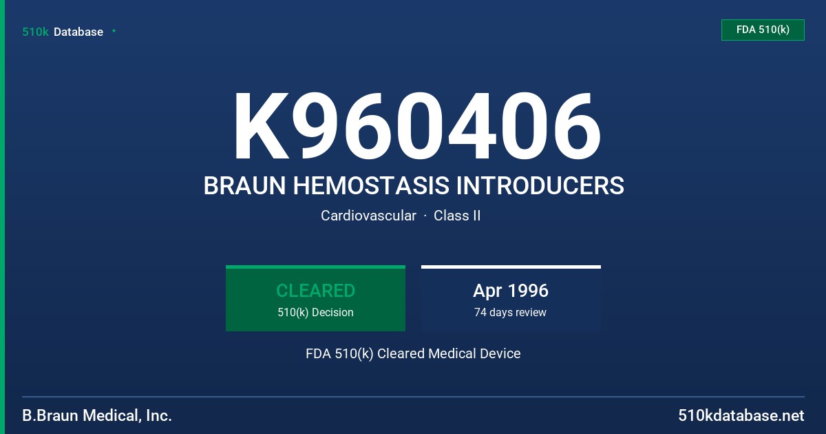 K960406 BRAUN HEMOSTASIS INTRODUCERS FDA 510(k) Cleared Medical Device