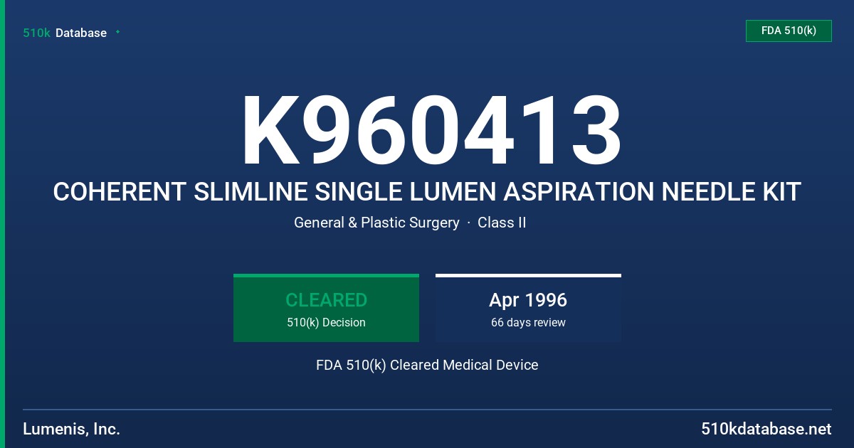 K960413 COHERENT SLIMLINE SINGLE LUMEN ASPIRATION NEEDLE KIT FDA 510(k) Cleared Medical Device