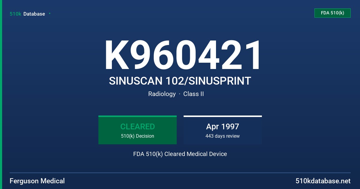 K960421 SINUSCAN 102/SINUSPRINT FDA 510(k) Cleared Medical Device