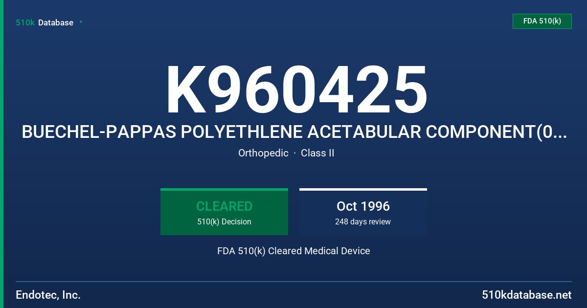 K960425 BUECHEL-PAPPAS POLYETHLENE ACETABULAR COMPONENT(01-42-YYXX & 01-43-YYXX FDA 510(k) Cleared Medical Device
