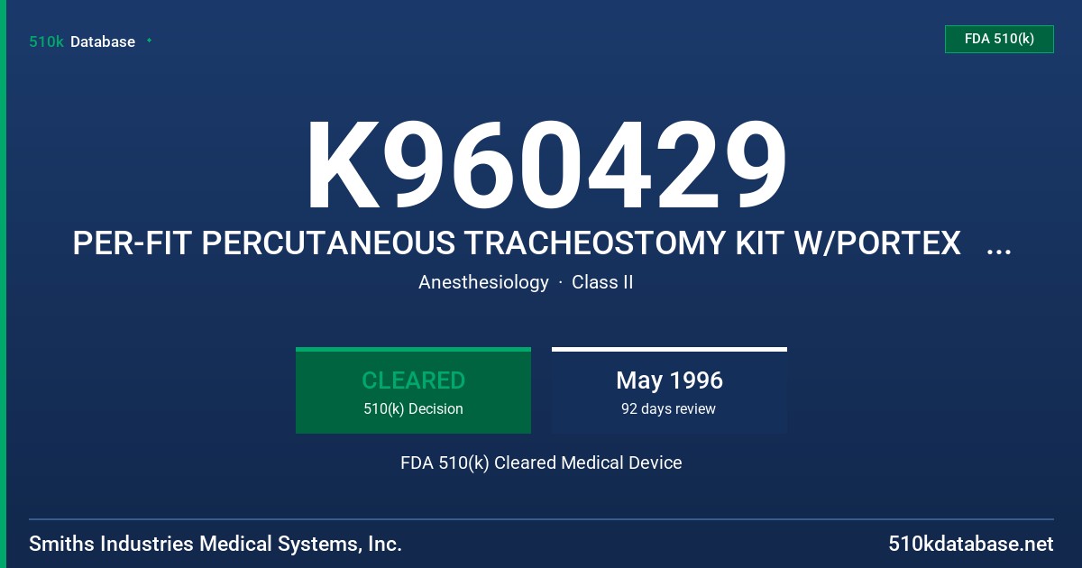 K960429 PER-FIT PERCUTANEOUS TRACHEOSTOMY KIT W/PORTEX       TRACHEOSTMY TUBE & DISP. INNER CANNULA FDA 510(k) Cleared Medical Device