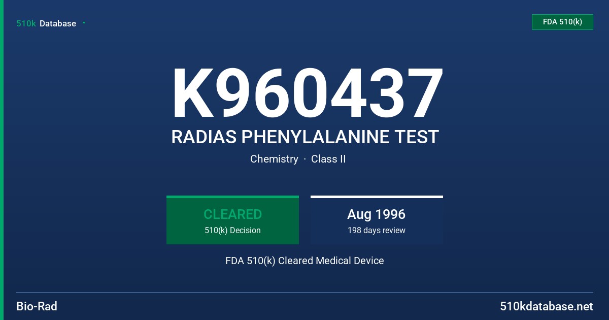 K960437 RADIAS PHENYLALANINE TEST FDA 510(k) Cleared Medical Device