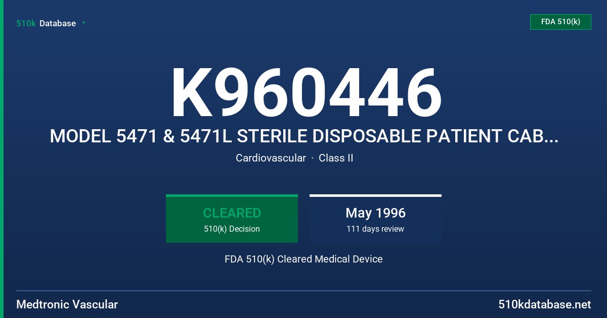 K960446 MODEL 5471 & 5471L STERILE DISPOSABLE PATIENT CABLE ASSEMBLIES FDA 510(k) Cleared Medical Device