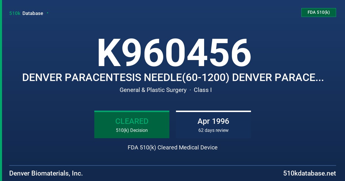 K960456 DENVER PARACENTESIS NEEDLE(60-1200) DENVER PARACENTESIS NEEDLE WITH DRAINAGE LINE(60-1100) DENVER PARACENTESIS TRAY FDA 510(k) Cleared Medical Device