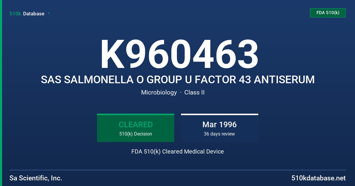 K960463 SAS SALMONELLA O GROUP U FACTOR 43 ANTISERUM FDA 510(k) Cleared Medical Device