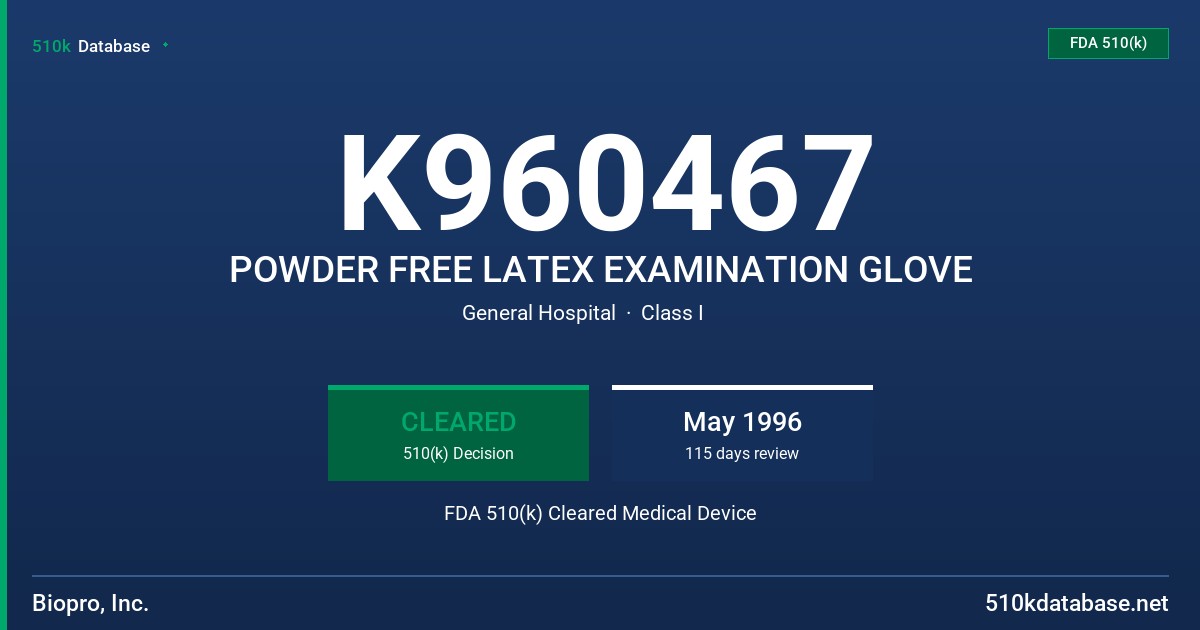 K960467 POWDER FREE LATEX EXAMINATION GLOVE FDA 510(k) Cleared Medical Device